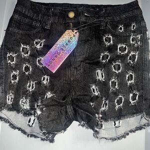 Distressed Black Denim Shorts